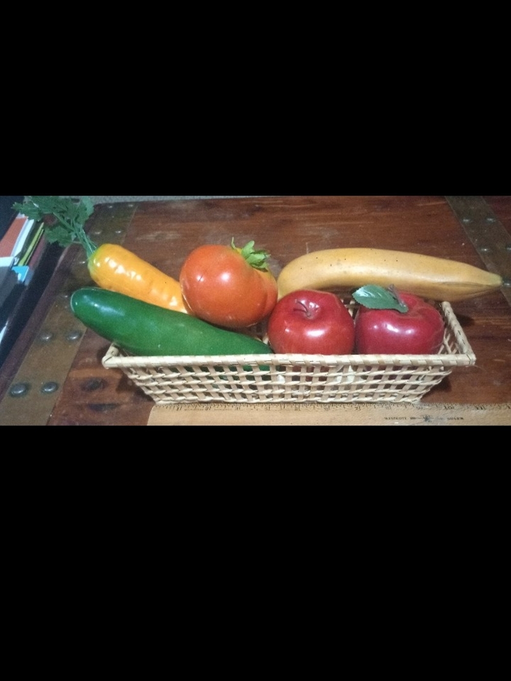 Woven Rectangular Rattan Basket with Decorative Faux Fruit - Natural